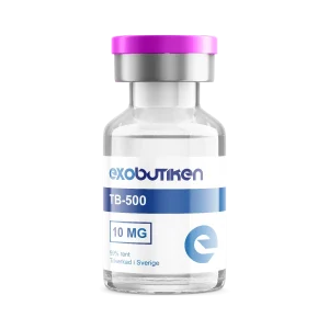 Flaska med peptid TB-500, 10 mg dos, tillverkad i Sverige av Exobutiken med lila lock och etikett.