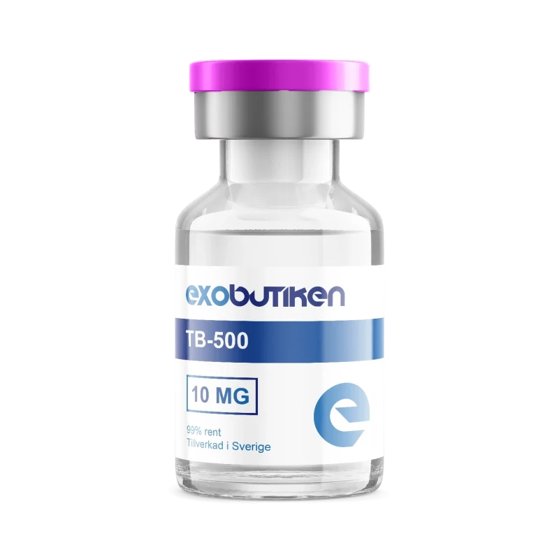 Flaska med peptid TB-500, 10 mg dos, tillverkad i Sverige av Exobutiken med lila lock och etikett.