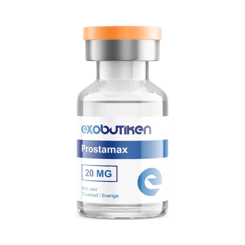 Flaska med Prostamax 20 MG från Exobutiken, högkvalitativa peptider tillverkade i Sverige för immunförsvar och HGH.