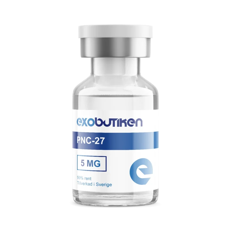Flaska med peptider exobutiken PNC-27, 5 mg, tillverkad i Sverige, hög kvalitet för immunförsvar.